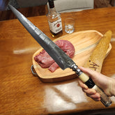 Faca Artesanal 13' Forjada Integral Robusta Grande Anel Duplo 10mm Cabo Misto Chifre de Cervo Osso